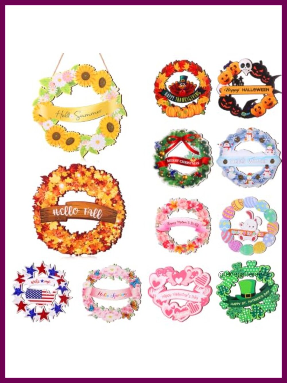 12 Pc Wood Interchangeable Seasonal Door Sign Set 12 Inch Wreath